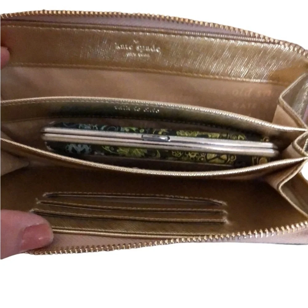 Kate Spade Gold metallic full size zip Wallet with Phone Storage & wrist strap